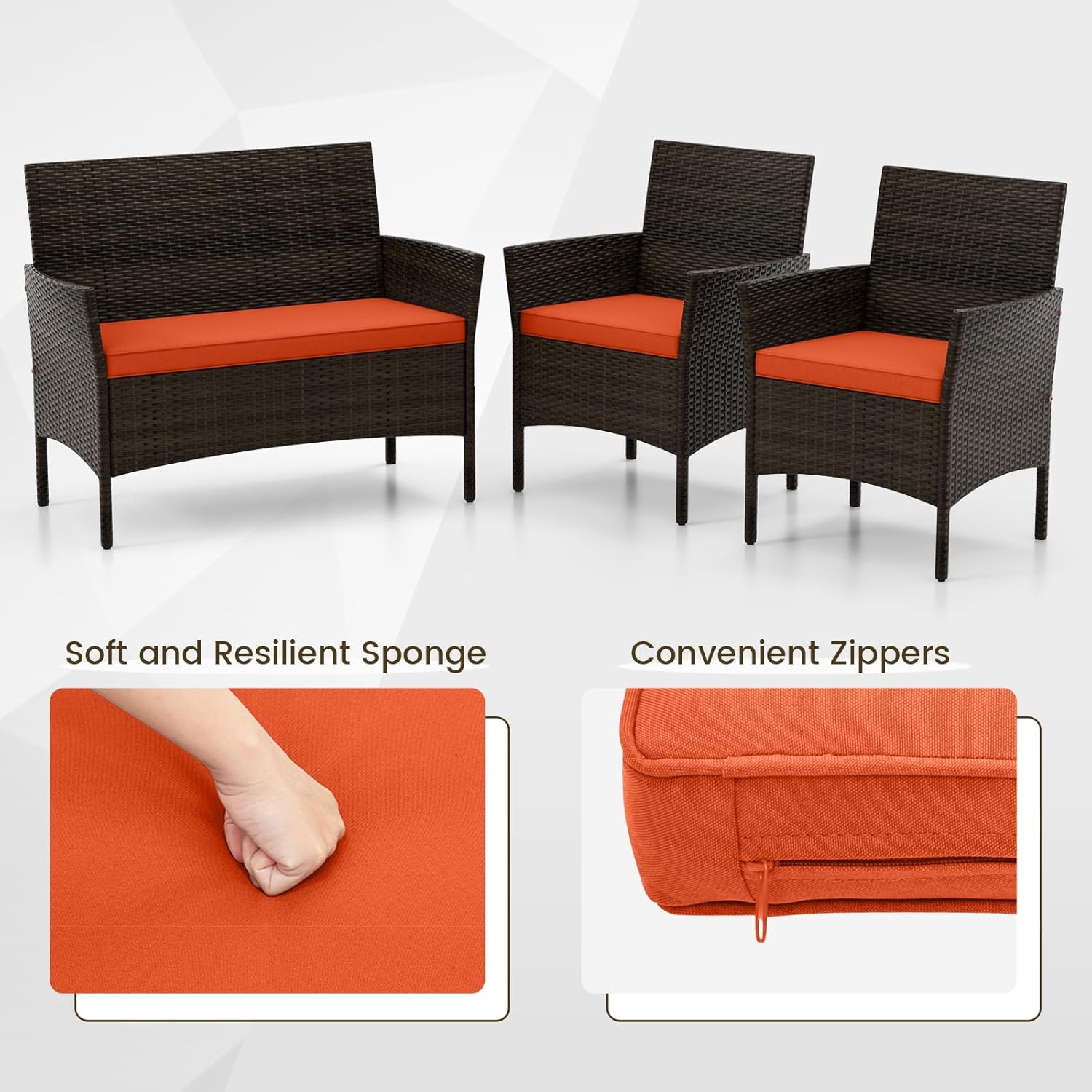 DORTALA 4-Piece Rattan Patio Furniture Set, Outdoor Table & Chair Set with Tempered Glass Coffee Table, Cushion, Wicker Conversation Set for Garden, Lawn, Poolside and Backyard, Orange