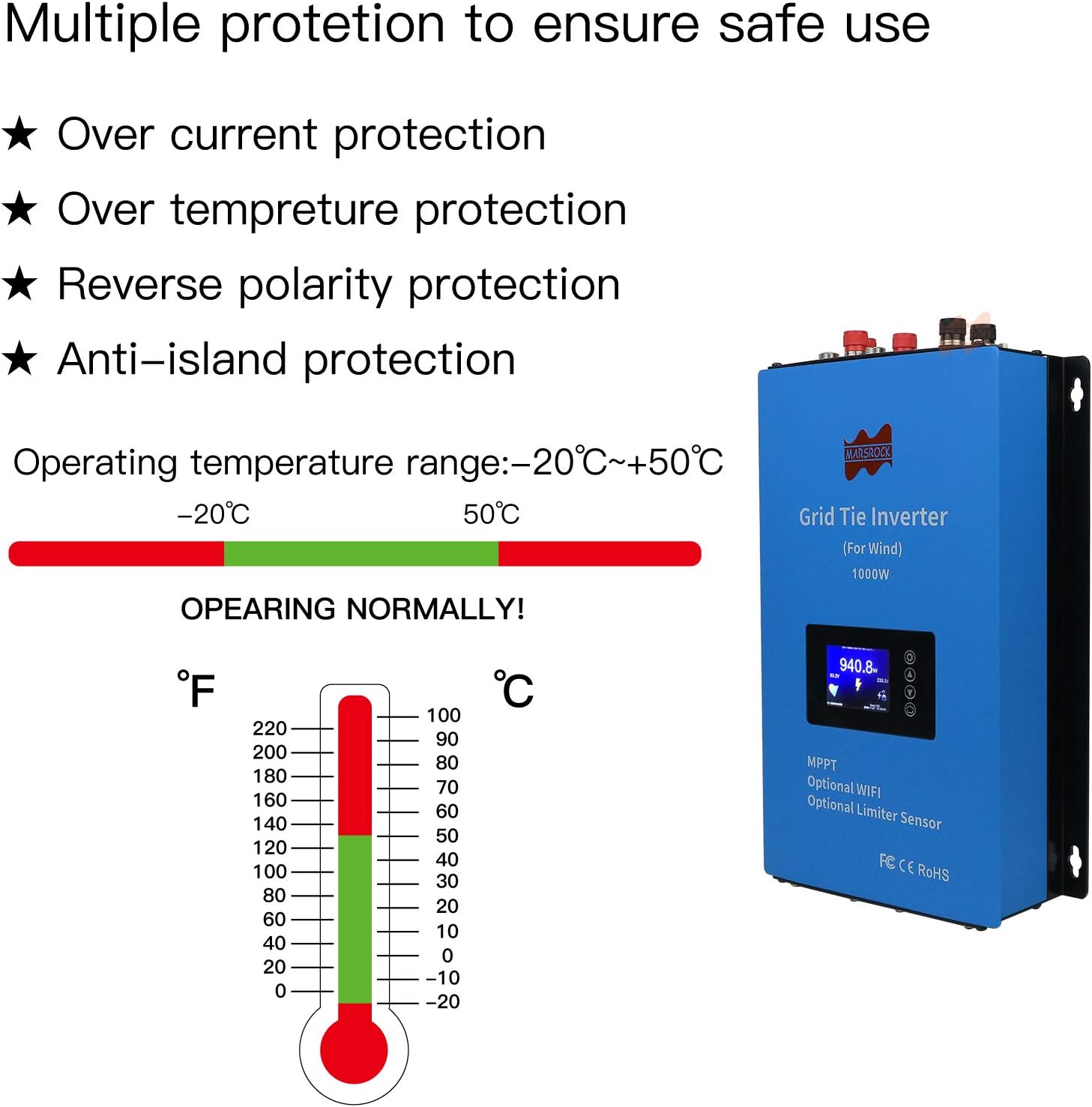 1000W Wind Grid Tie Inverter with Limiter, Pure Sine Wave Inverter Converts 22-60V DC to 110V/240V AC (Auto-Match),Perfectly Compatible with Home Wind Power Systems