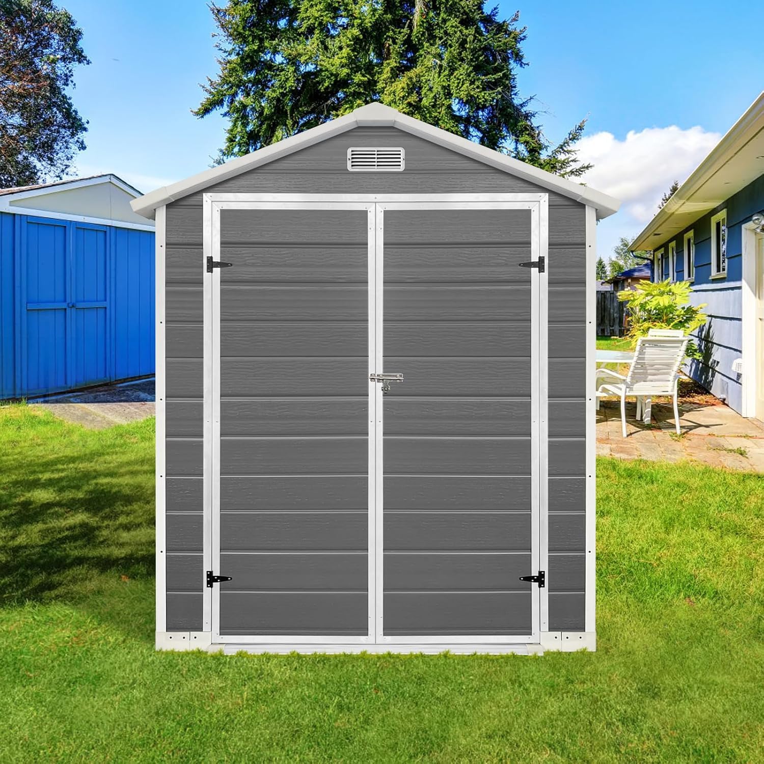 6ft x 4ft Plastic Outdoor Storage with Floor and Lockable Door Plastic Garden Shed for Backyard, Lawn, Gray