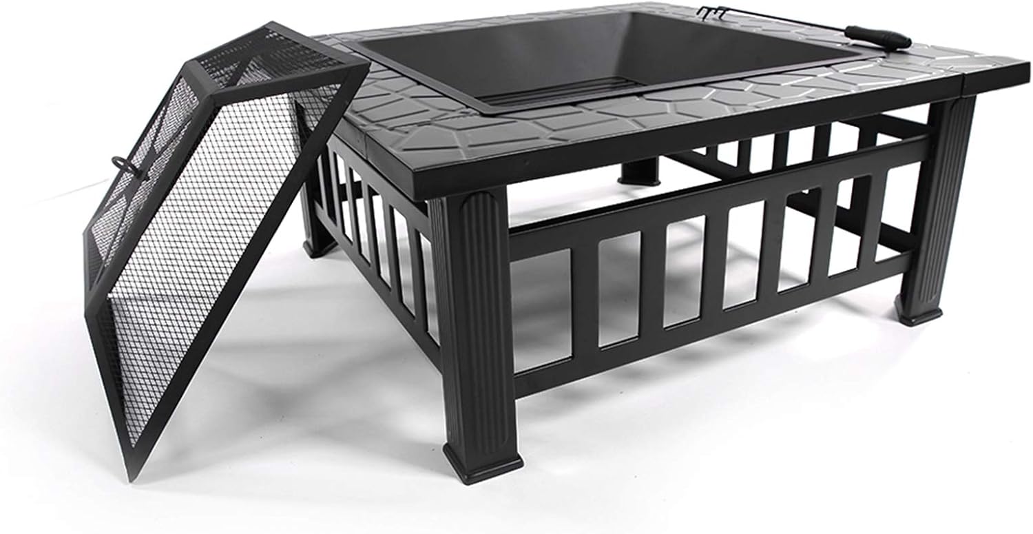 Square Fire Pit Table, Black Metal, 32x32x14.3 Inch, Outdoor Wood Burning, with Mesh Screen Top, Poker, Drainage Holes