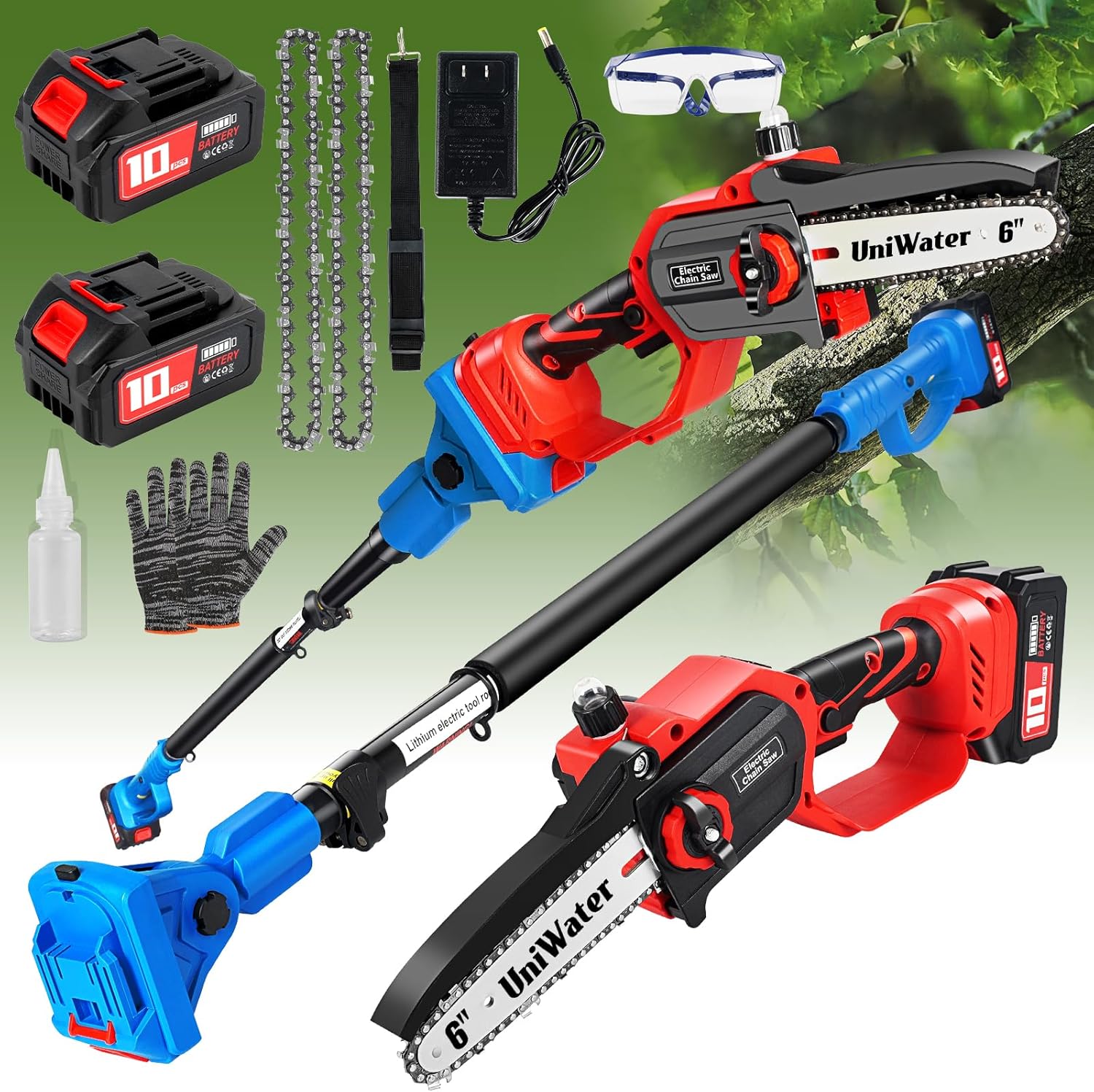 Cordless Pole Saw&Mini Chainsaw 2-IN-1, Electric Pole Saw With Two Batteries, Auto Lubrication, 6