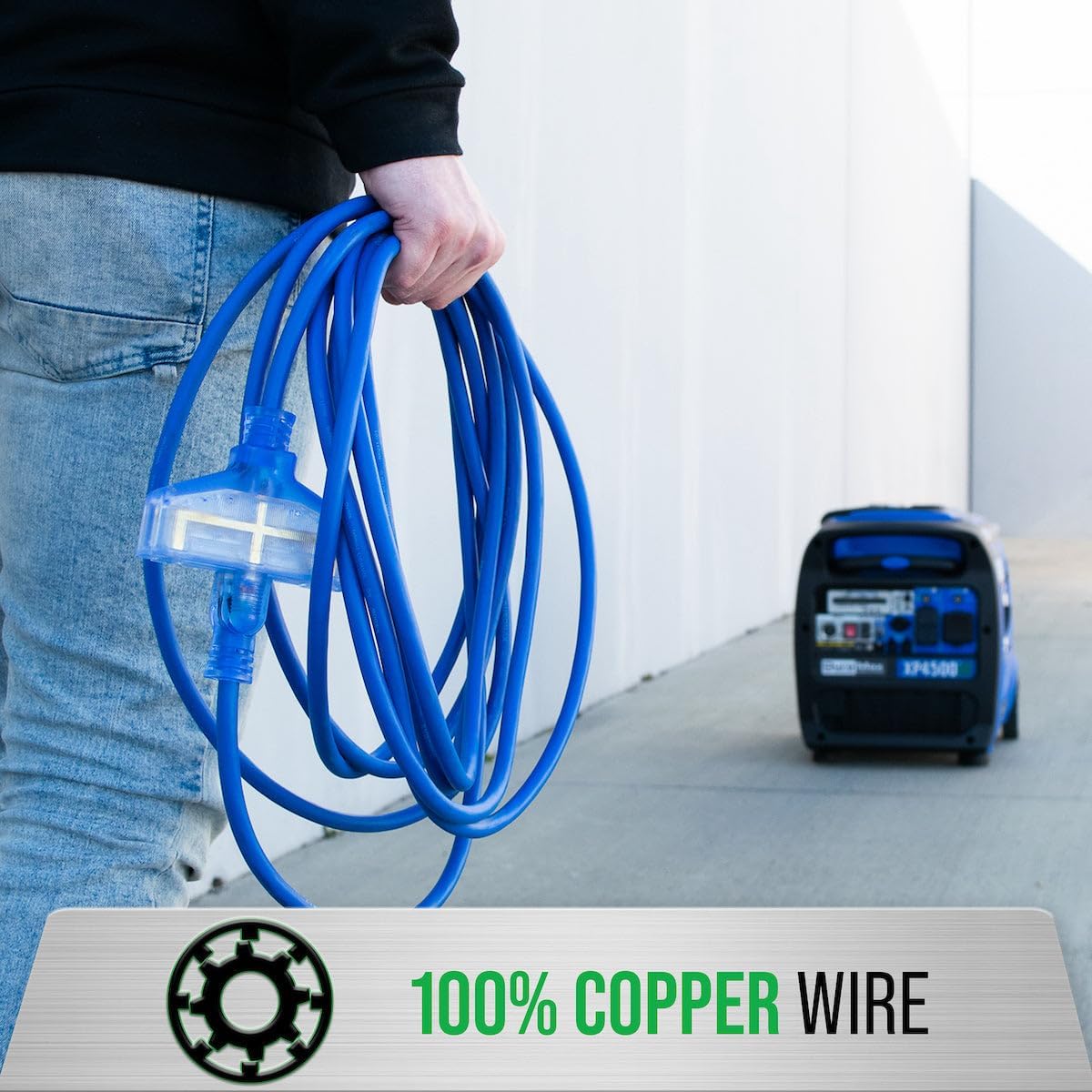 DuroMax XPX10050C Heavy Duty SJEOOW 50-Foot 10 Gauge Blue Triple Tap Lighted Extension Power Cord