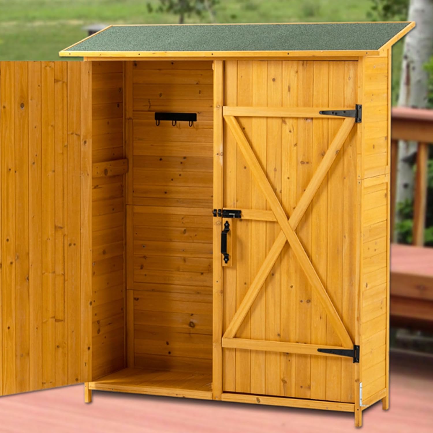 Outdoor Storage Shed Wood Tool Shed Outside Storage Cabinet with Shelves and Latch, Garden Storage House with Double Lockable Door for Backyard Outdoor Patio, H 64in