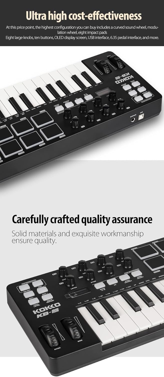 KOKKO MIDI Controller Keyboard, Mini 25 Key With 8 Backlit Drum Pads, 8 Knobs and Pitch Bend Wheel, Modulation Wheel for Music Production, Cubase LE Software Included