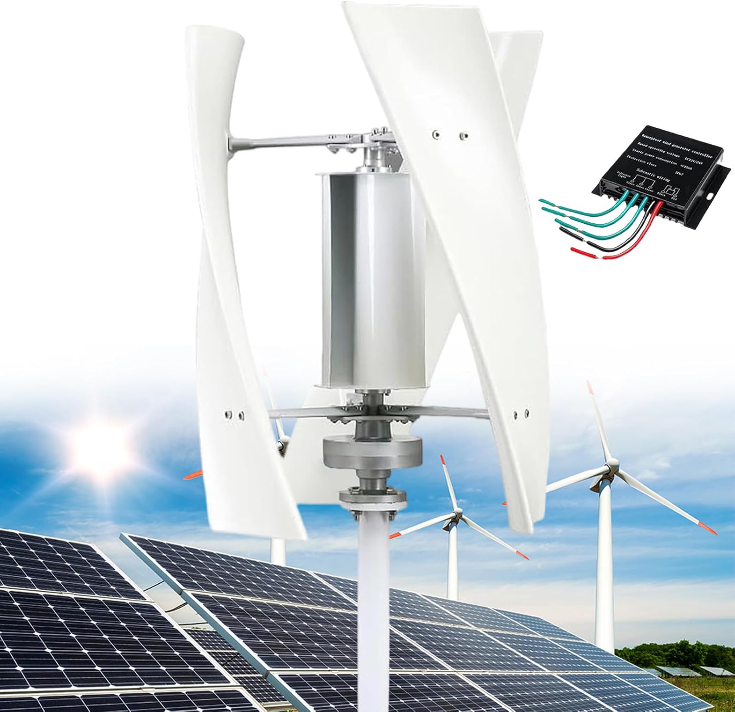 14000W Vertical Wind Turbine Generator Kit, 12V/24V/48V/110V/220V Small Three-Phase AC Turbine with MPPT Controller for Industrial Energy Solutions - White, 24V
