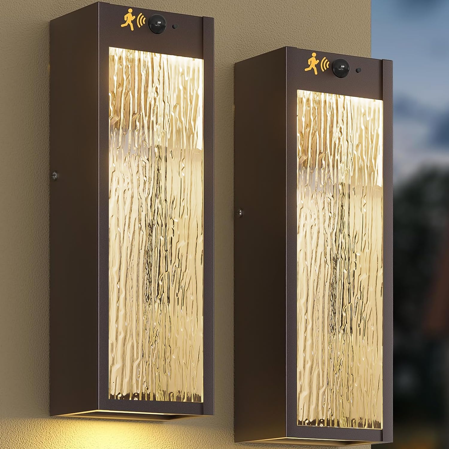 Motion Sensor LED Outdoor Wall Light Fixtures 2 Pack, 15in Exterior Bronze Waterproof Outdoor Lighting, Large Modern Water Ripple Porch Sconces Wall Mounted Outside Lantern for Garage Front Door