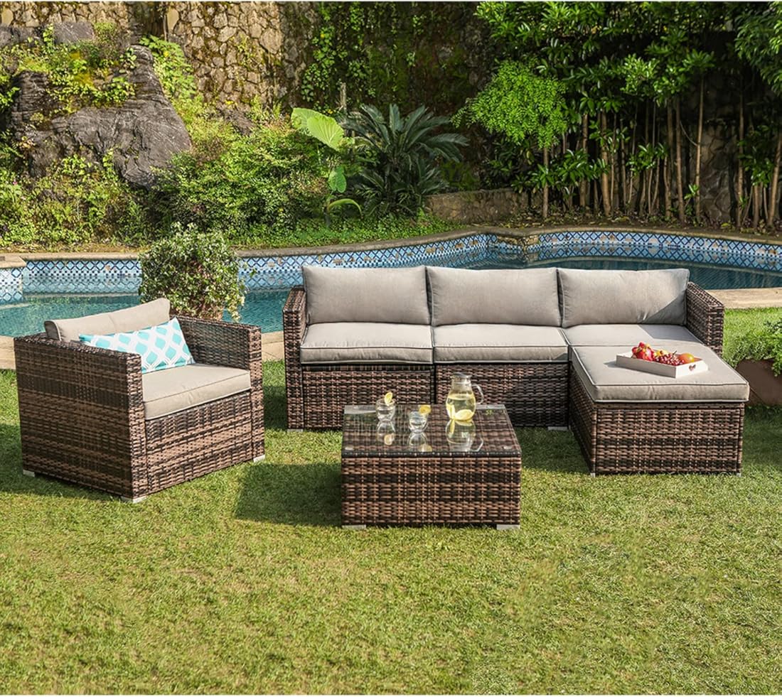 COSIEST 6-Piece Outdoor Furniture All-Weather Mottlewood Brown Wicker Sectional Sofa w Warm Gray Thick Cushions, Glass-Top Coffee Table, 1 Teal Pattern Pillows Incl. Clips