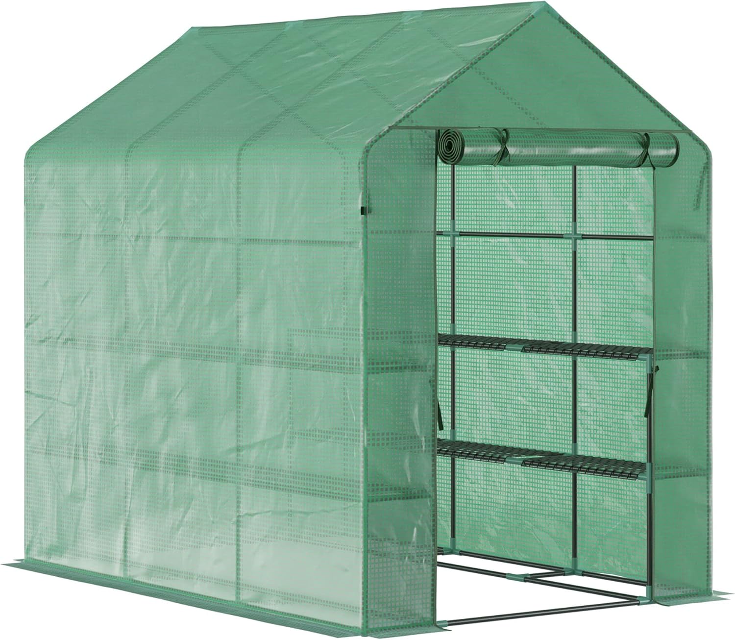 7' x 5' x 6.5' Walk-in Greenhouse, PE Cover, 3-Tier Shelves, Steel Frame Walk-in Greenhouse for Garden, Flowers, Vegetables