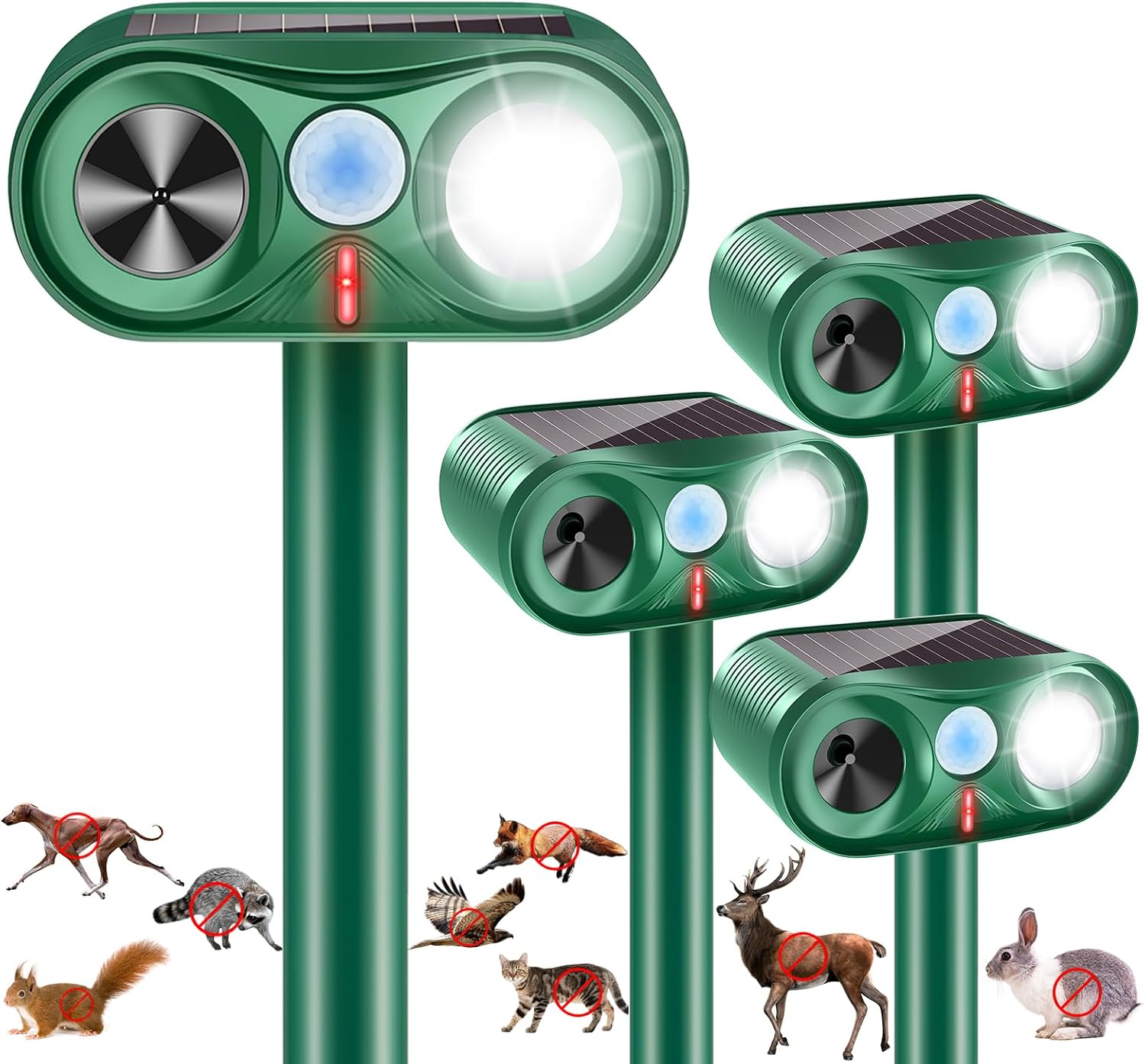 4PACK Solar Ultrasonic Animal Repellent Outdoor,2025 Deer Repellent Devices with Motion Detection&Flash Light Squirrel Raccoon Rabbit Dog Cat Deterrent,Keep Rodent Away for Yard Garden Lawn