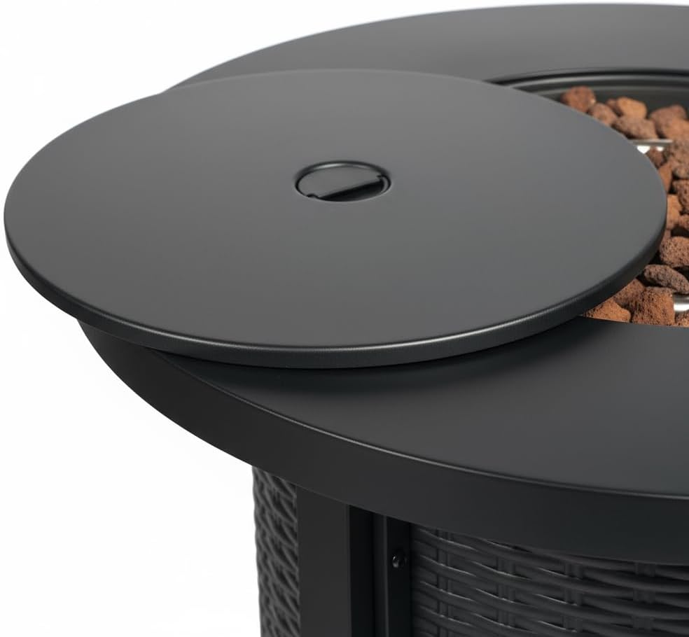 Outdoor Living 30-Inch Round Propane Fire Pit Table, 50000 BTU, Black Steel Construction, Hidden Tank Storage, Electronic Ignition, Includes Lava Rocks for Patio Garden