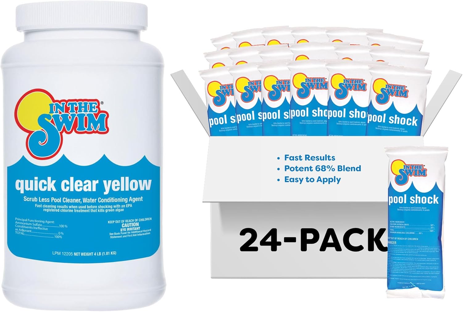 In The Swim Yellow Algae Treatment Kit – 4 Lb Quick Clear Yellow + 24 x 1 Cal Lb Hypo Pool Shock – 2-Step Solution for Mustard Algae Removal and Crystal-Clear Water