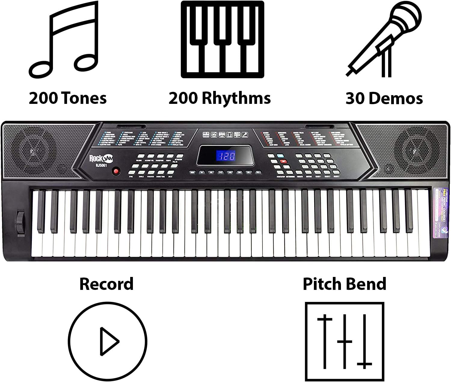 RockJam 61 Key Keyboard Piano Stand With Pitch Bend Kit, Piano Bench, Headphones, Simply Piano App & Keynote Stickers