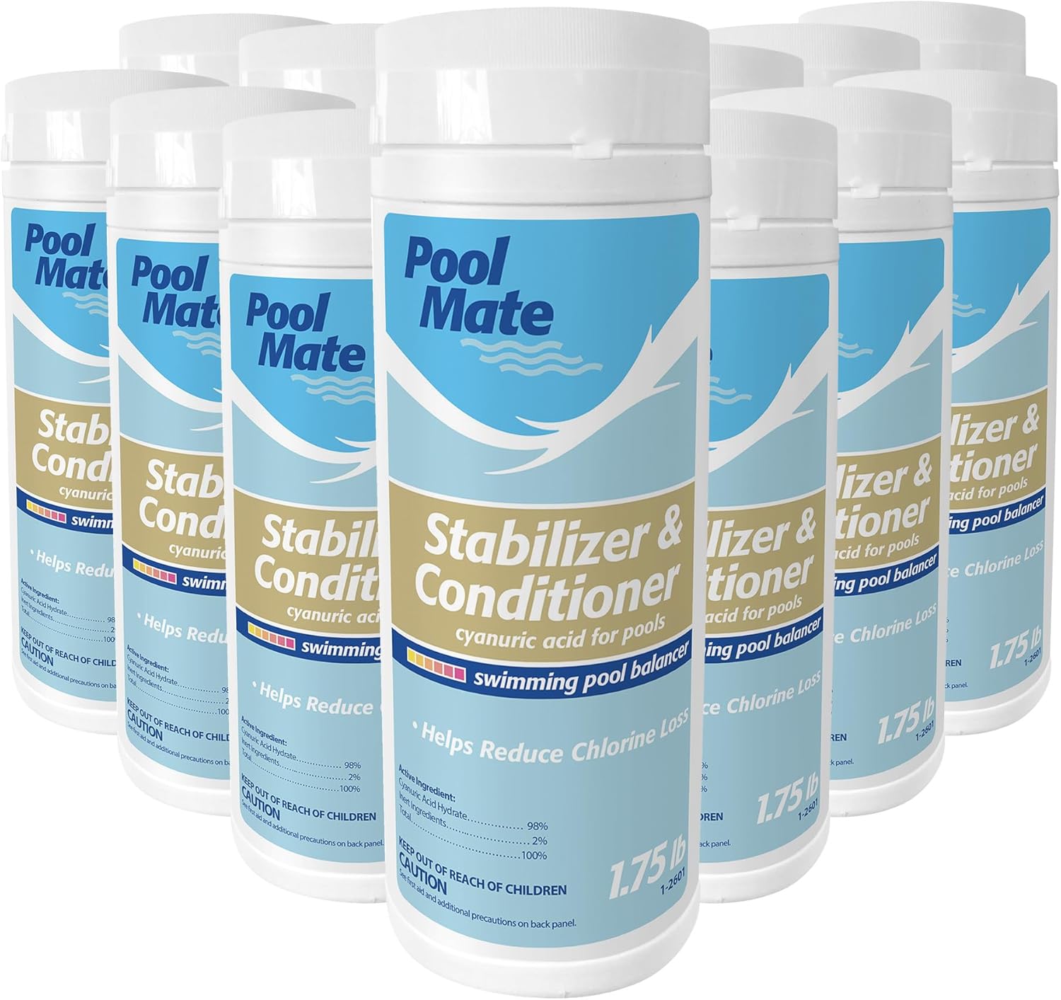 Pool Mate 1.75-Pounds 12-Pack Premium Pool Stabilizer and Conditioner, Concentrated Cyanuric Acid for Pools, Helps Chlorine Last Longer, Made in USA