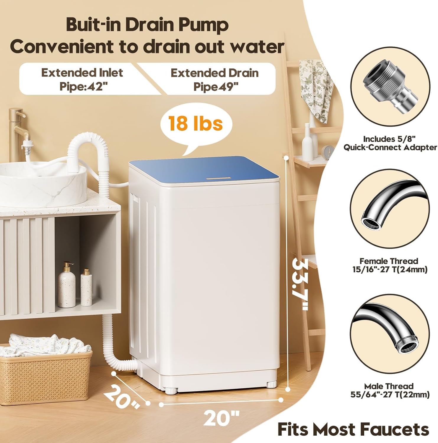 Auertech 18 lbs Portable Washing Machine, Fully Automatic Portable Washer with LED Display, 7 Wash Cycles, 4 Water Levels, Top Load Washing Machine for Apartment, RV, Dorm, Home