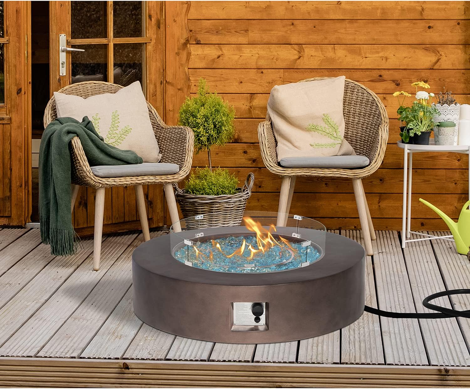 HOMPUS Propane Patio Fire Pit Table with Wind Guard, Lava Rocks and Rain Cover for Outdoor Leisure Party,50,000 BTU 42-inch Round Bronze Concrete Fire Table