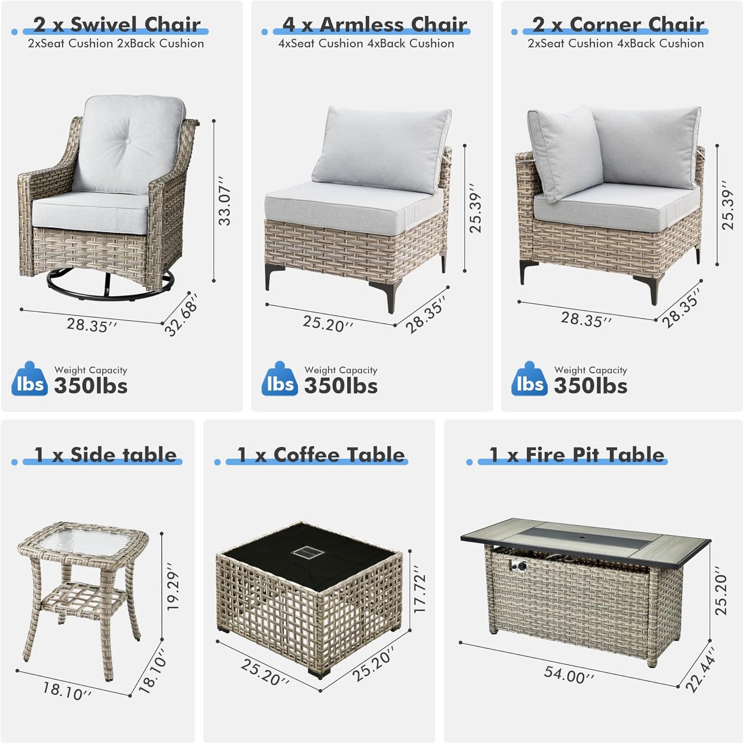 HOOOWOOO Outdoor Patio Furniture Set with Fire Pit Table,11 Pieces Wicker Out Door Sectional Furniture L Shaped Couch,Outside Patio Conversation Swivel Chair Sets,Light Gray