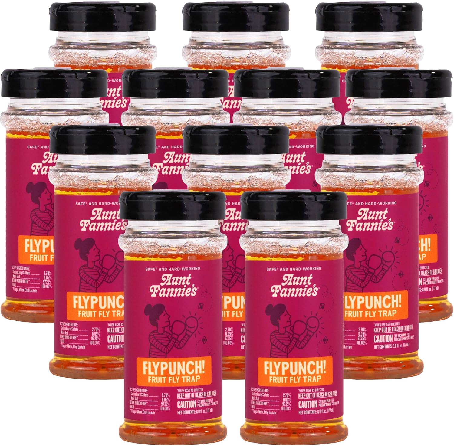Aunt Fannie's FlyPunch Fruit Fly Trap for Indoor and Kitchen Use, Ready to Use, Made with Plant Based Ingredients, Safe Near Food, Each Bottle Lasts Up to 30 Days, Pack of 12