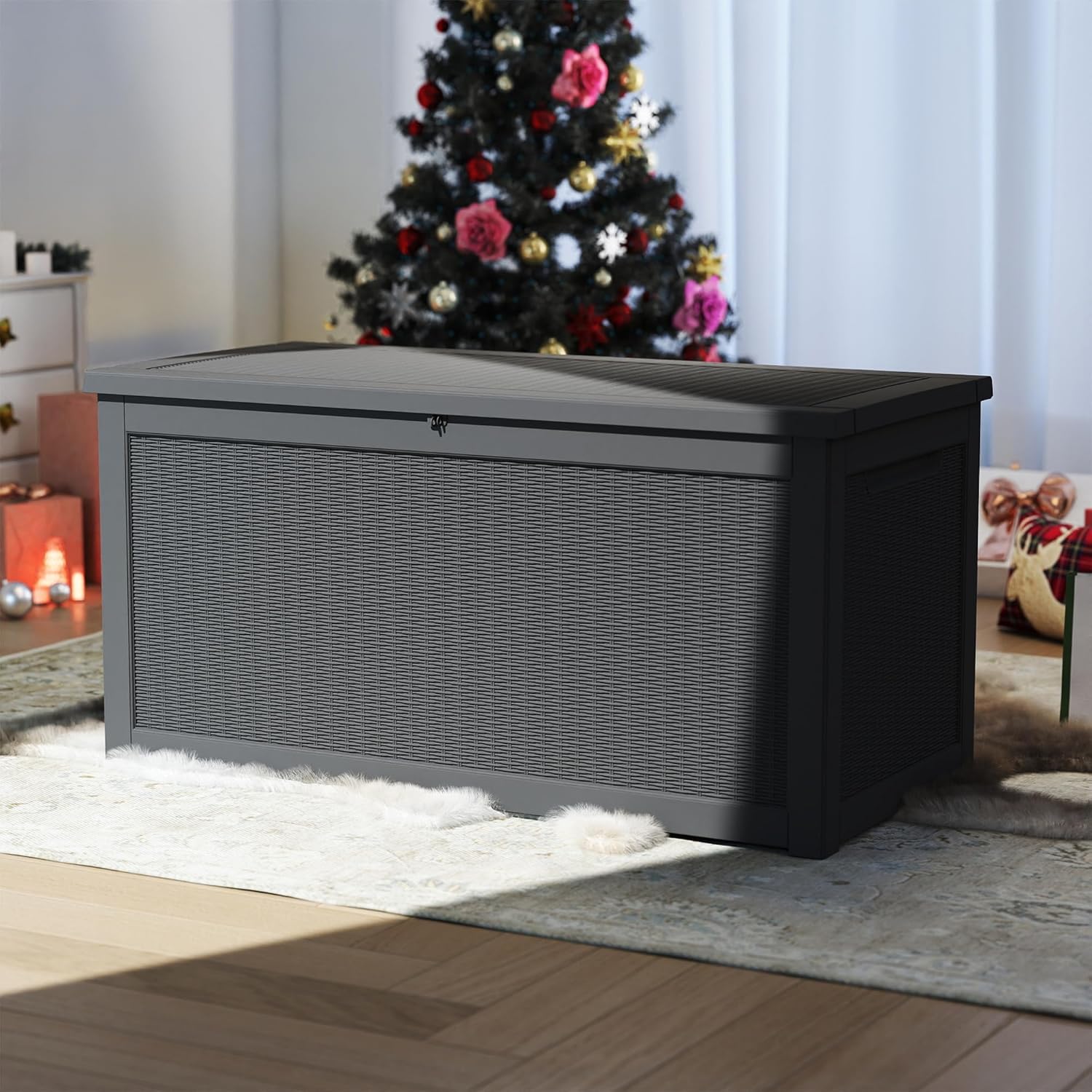 320 Gallon Outdoor Storage Box Waterproof, Resin Deck Boxes with Lockable Lid & UV-Resistant for Patio, Pool, Garden Furniture Cushions & Accessories, Black