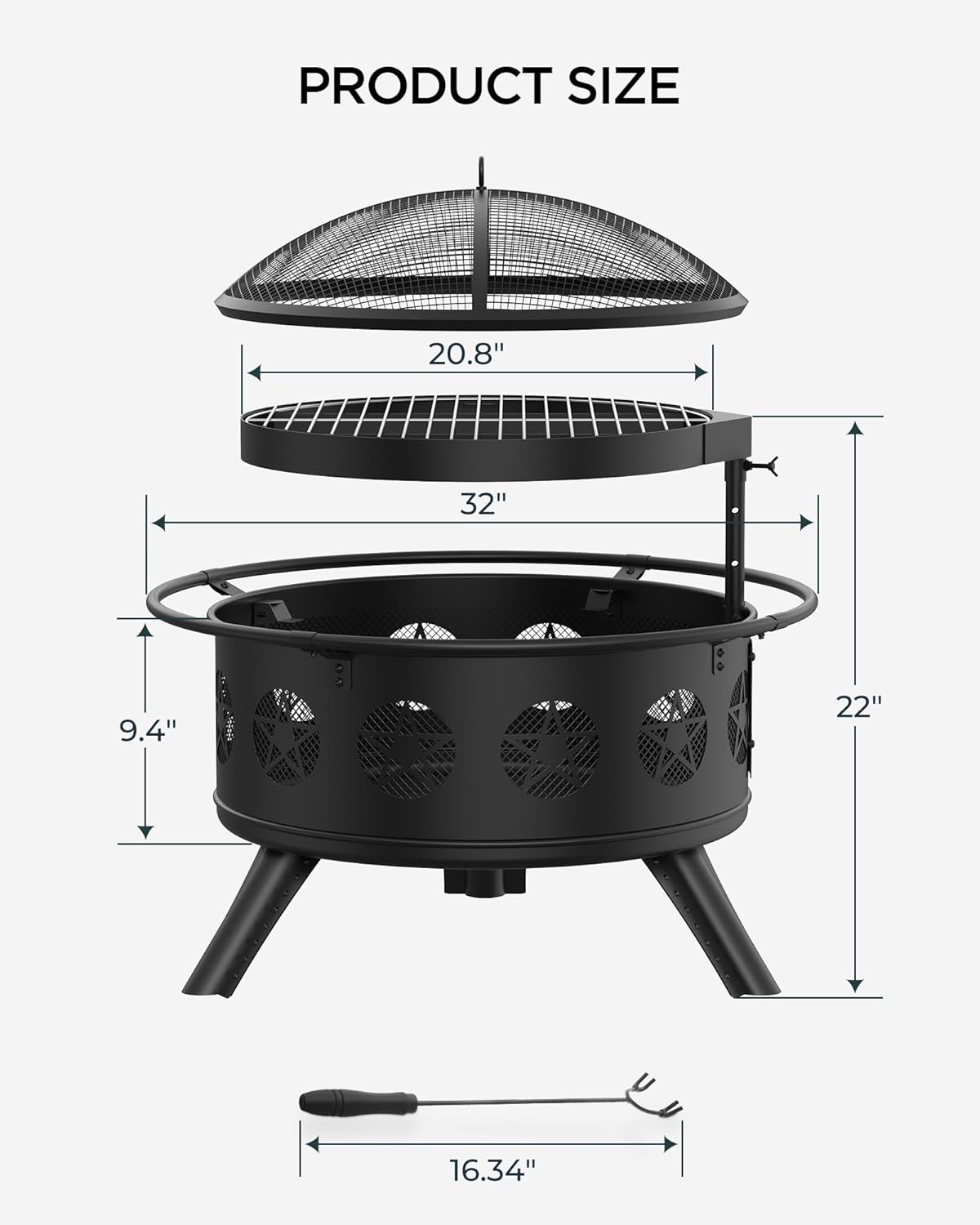 32 Inch Fire Pit with BBQ Grill & Mesh Cover, Wood Burning Fire Pits for Outside with Fire Poker, Pentagram Hollow Design, Round Metal Outdoor Firepit for Patio, Garden, Backyard, Bonfire Party
