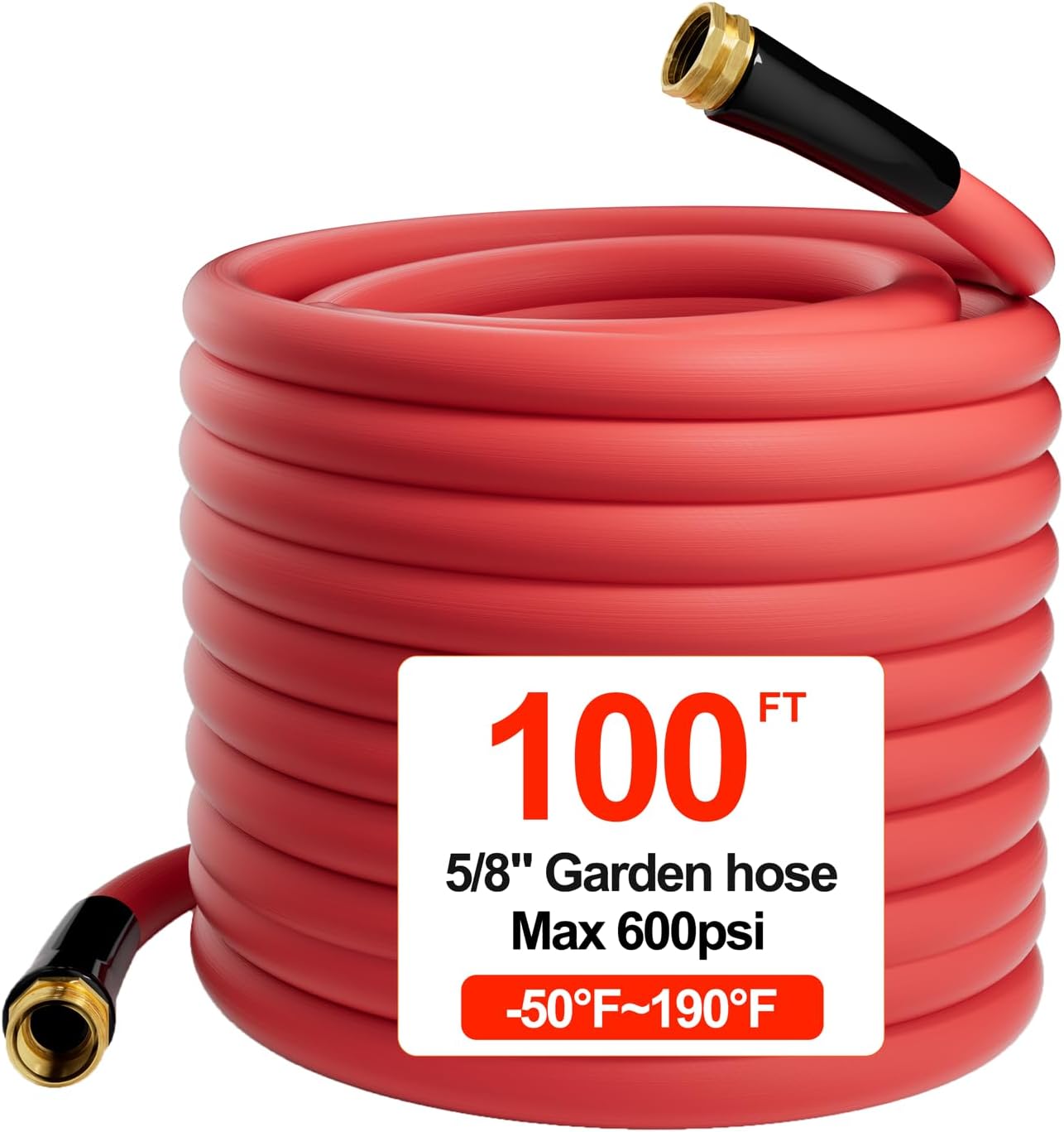 Hot/Cold Heavy Duty Water Garden Hose -50℉ to 190℉, Water Garden Hose 100 ft x 5/8'', 600Psi & Lightweight & Flexible Rubber Hose with 3/4'' Brass fittings for Outdoor, Yard, RV