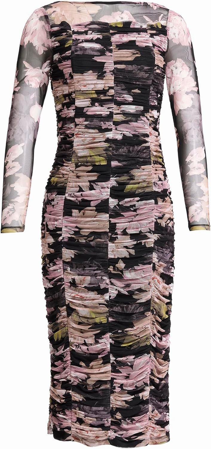 Anne Klein Womens Long Sleeve Printed Mesh Midi Dress