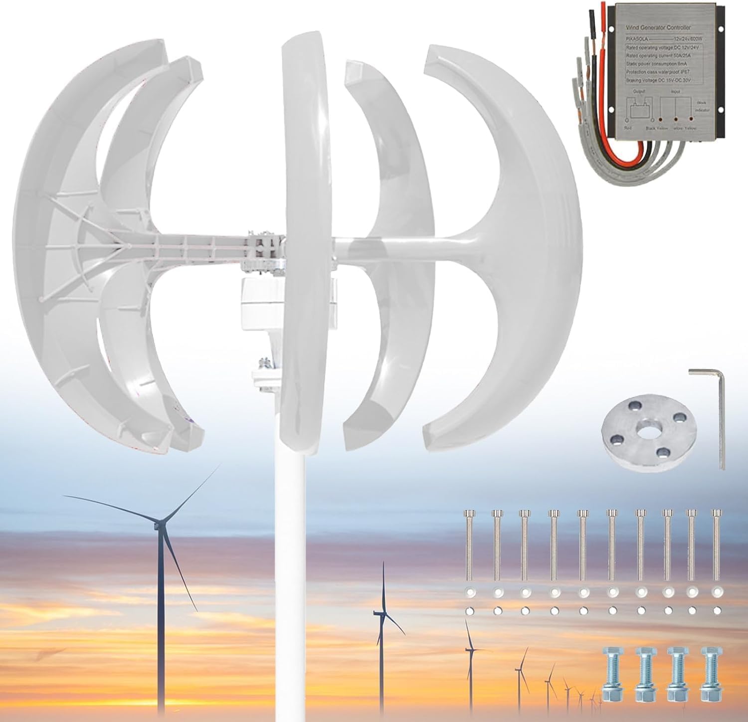 13000W 5-Blade Vertical Wind Turbine Generator Kit - 12V/24V/48V/72V/110V/220V AC Output, Permanent Magnet with Controller - High-Efficiency Renewable Energy Solution, White