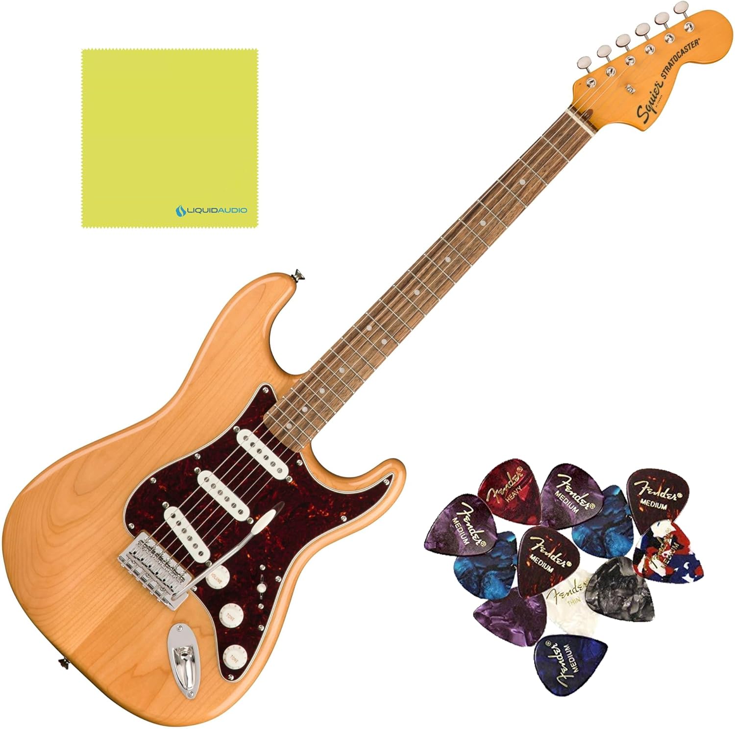 Squier Classic Vibe '70s Stratocaster, Indian Laurel Fingerboard, Natural - 0374020521 Bundle w/ 12-Pack Guitar Pick and Liquid Audio Polishing Cloth