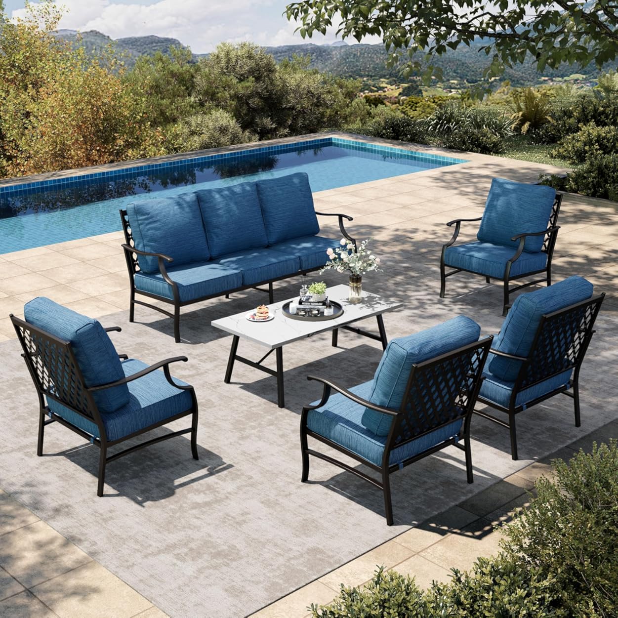HERA'S HOUSE 6 Piece Patio Furniture Set, 4 x Fixed Metal Cushioned Chair, 1 x 3-Seat Sofa with Marbling Coffee Table, 7 Seats Outdoor Conversation Set for Lawn Garden Backyard, Pacific Blue