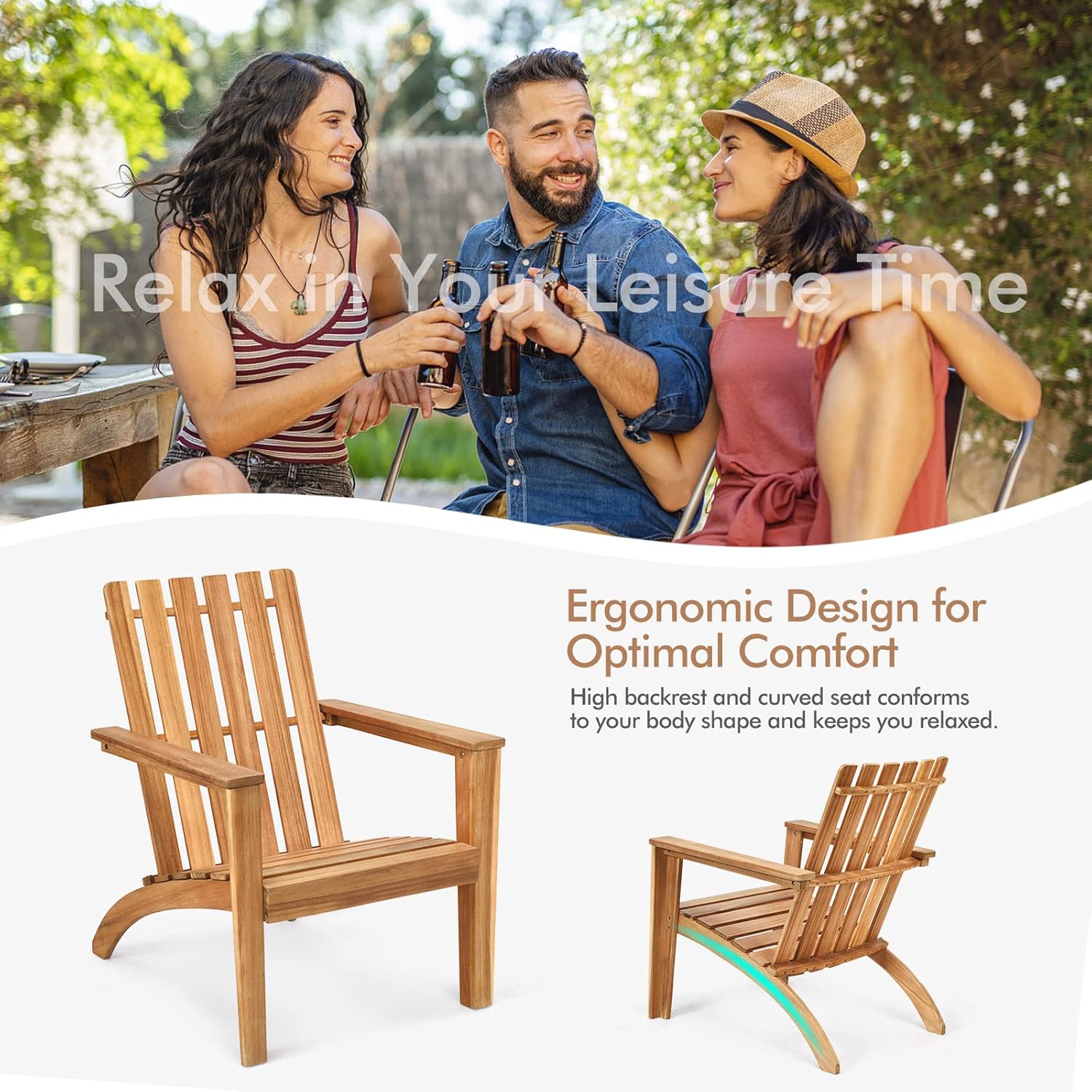 Tangkula Adirondack Chair Acacia Wood Outdoor Armchairs, Weather Resistant for Patio Garden Backyard Deck Fire Pit, Lawn Porch Furniture & Lawn Seating, Campfire Chair, Adirondack Lounger (4, Natural)