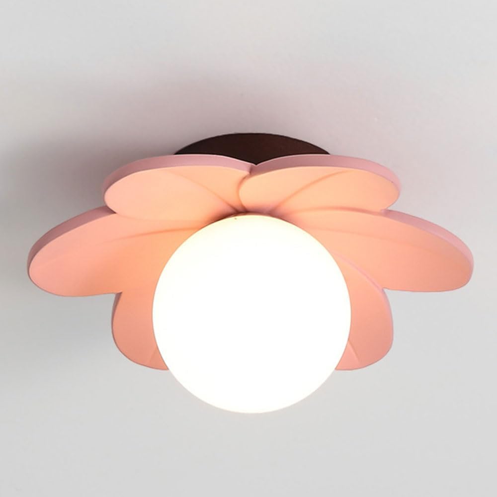 Flower Semi Flush Mount Ceiling Light Modern Ceiling Light with Glass Ball Hallway Ceiling Lamps Pink Flower Wall Lamp Nordic Macaron Color Ceiling Lamp for Kid Room,Entrance,Bedroom