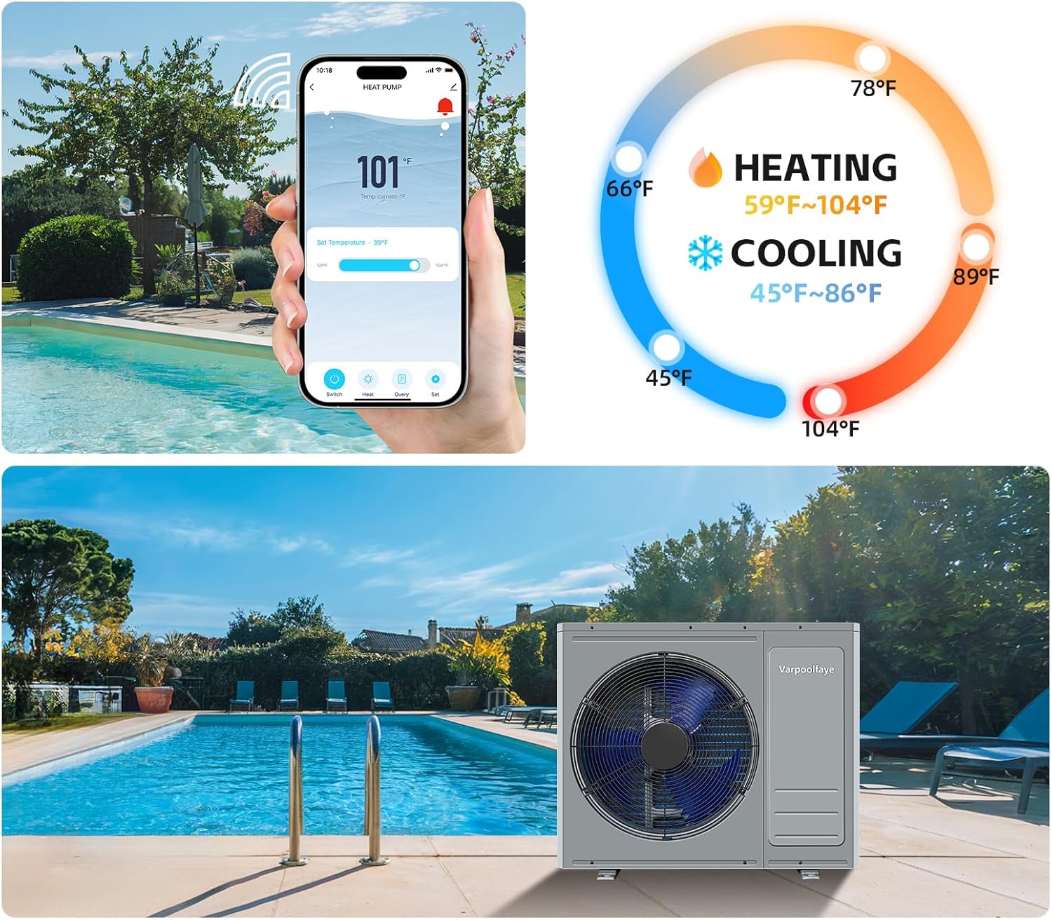 35100 BTU Electric Pool Heater for Inground Pools 10000 Gallon Swimming Pool Heat Pump Heating or Cooling WiFi Control Schedule 220V 60HZ