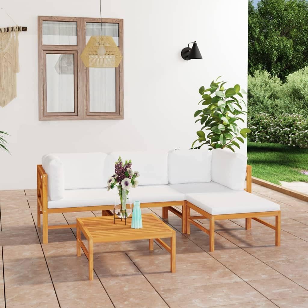5 Piece Patio Lounge Set with Cream Cushions Solid Teak Wood,Luxurious Teak Wood Patio Lounge Set with Cream Cushions for Enhanced Comfort and Style Patio Furniture, Outdoor Furniture Sets