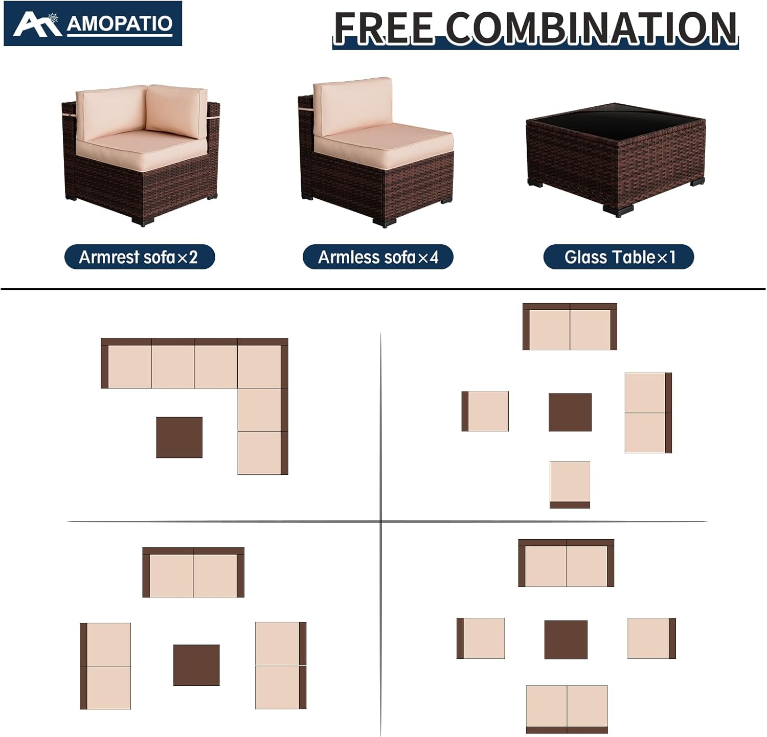 Amopatio Outdoor Patio Furniture Set 7 Pieces Patio Conversation Set Sectional Couch Sofa with All-Weather Cover, Glass Table & Thicken Cushion Fits Garden Yard Porch