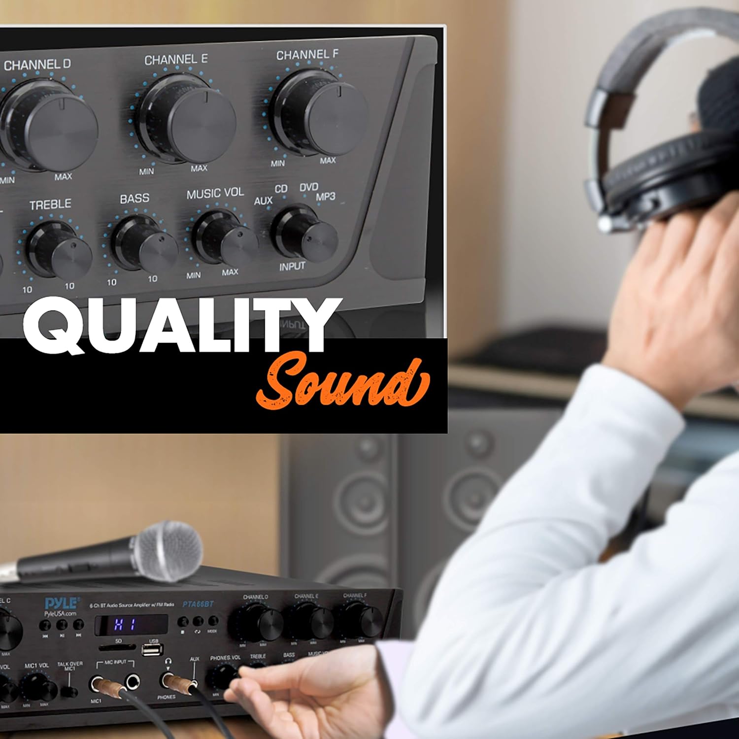 Pyle Wireless Home Audio Amplifier System - Bluetooth Compatible Sound Stereo Receiver Amp, 6 Channel 600W Power, Digital LCD, Headphone Jack, 1/4'' Microphone IN USB SD AUX RCA FM Radio - PTA66BT.6