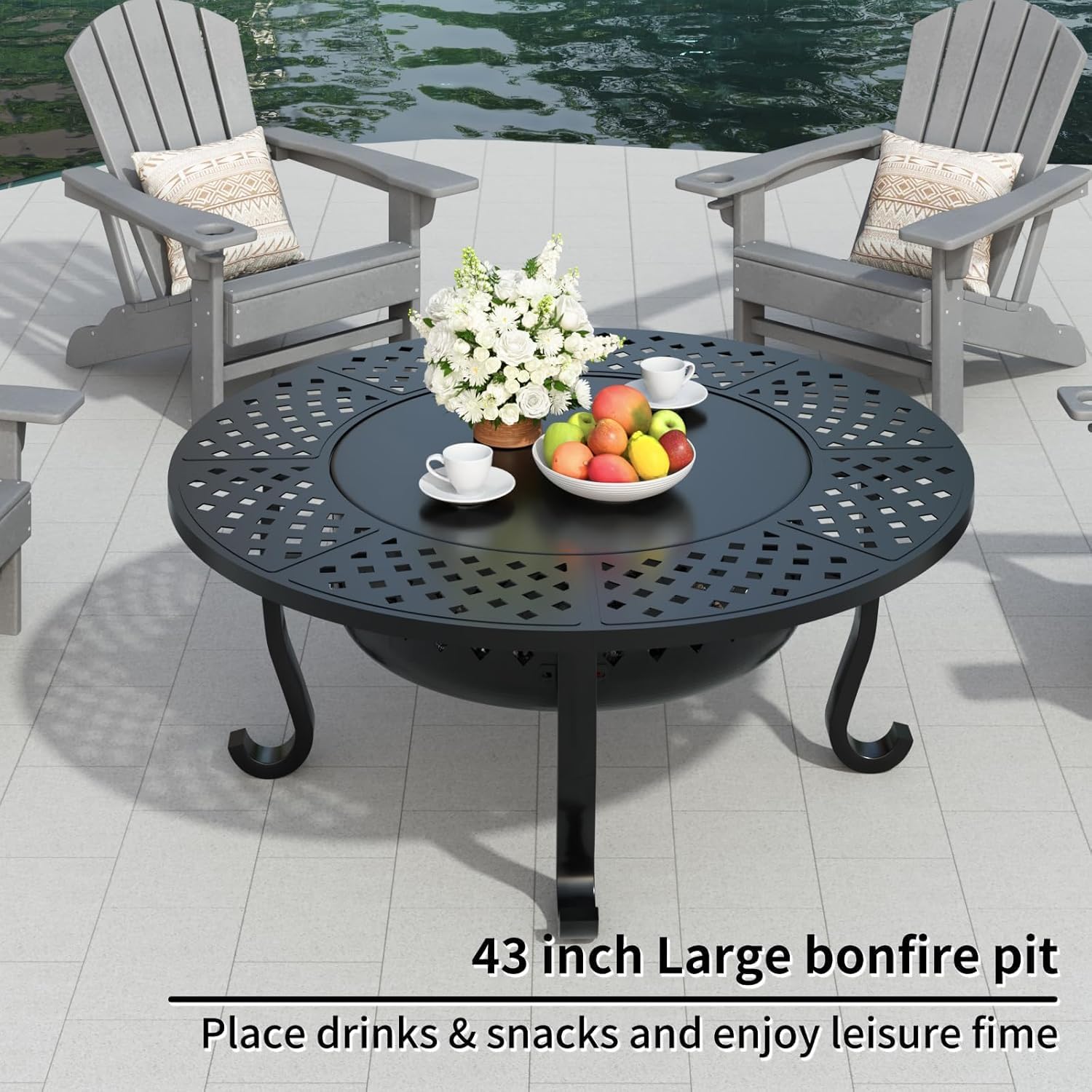 43 Inch Fire Pit with 2 Grill for Outside, Outdoor Wood Burning Firepit with Lid, Metal Round Table for Backyard Patio Garden Picnic Camping Bonfire, Black