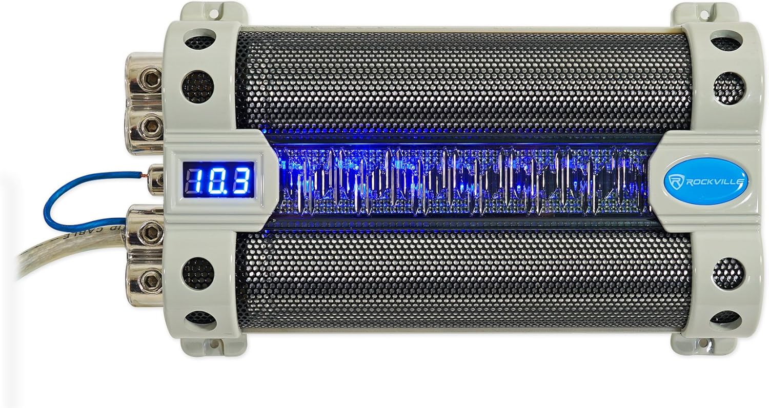 Rockville RFC50F v2 50 Farad Car Audio Capacitor, 3-Digit Super Bright Blue LED Voltage Display, Polarity Alerts, Heavy-Duty Terminals, for Car Audio Systems
