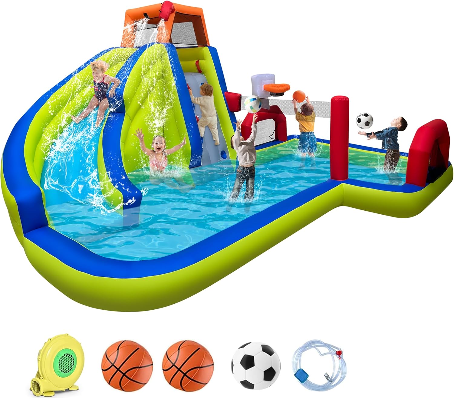 RETRO JUMP Inflatable Water Slide,8 in 1 Water Park Bounce House for Kids,Backyard Waterslide Outdoor with Slide,Splash Pool,Climbing Wall,Basketball Rim,Soccer Field,Volleyball Area,Blower Included