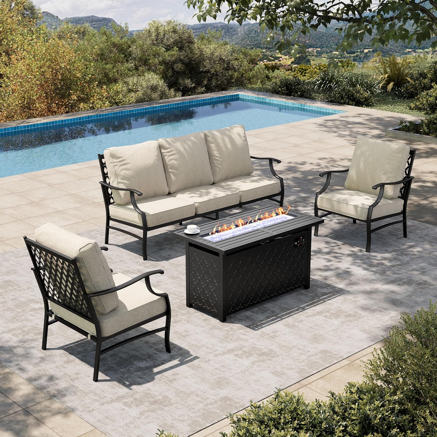 HERA'S HOUSE 4 Pieces Patio Furniture Set with Fire Pit Table, 2 x Single Chair, 3-Seat Sofa with 45
