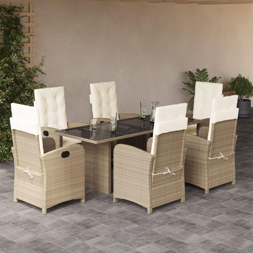 Furniture Sets 7 Piece Patio Dining Set with Cushions Beige Poly Rattan,Versatile Garden Furniture Set: Adjustable Reclining Chairs with Glass Table for Outdoor Dining Garden Conversation Sets