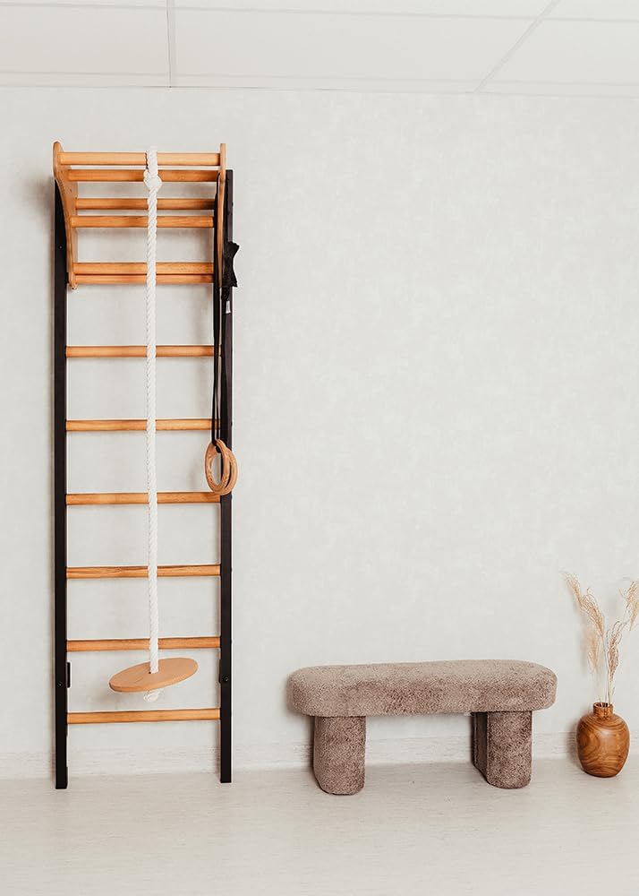 211B+A076 Wallbars, Stall Bars, Swedish Ladder, Gymnastic Ladder with 8 Beech Oval Rungs, Adjustable Beech Wooden Pull Up Bar and Gymnastic Accessories Such as Wooden Rings