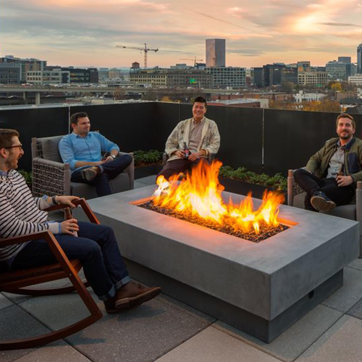 60Inch Fire Pit Table Propane with Tank Cover Windy Guard, 50,000 BTU Concrete Rectangle Firepit for Outside Patio with Metal Lid, Lava Rocks, Rain Cover, Backyard, Outdoor