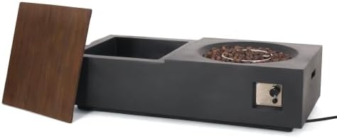 Outdoor 50,000 BTU Concrete Rectangular Fire Pit Table with Storage, Removable Tabletop, Weather-Resistant Patio Gas Fire Table, Dark Gray & Natural Brown