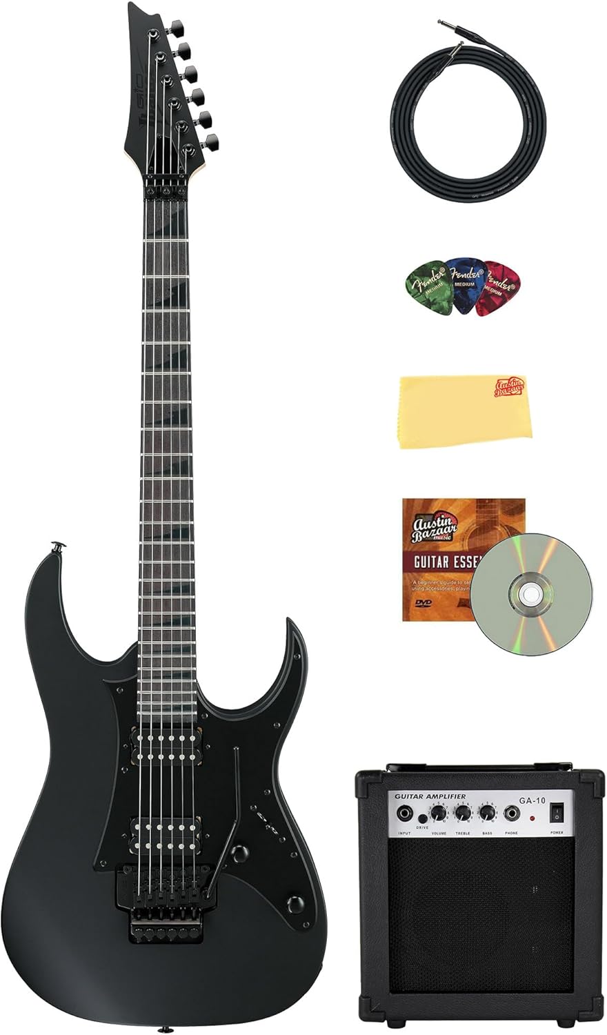 Ibanez GRGR330EX RG Gio Electric Guitar - Black Flat Bundle with Amplifier, Cable, Picks, Austin Bazaar Instructional DVD, and Polishing Cloth