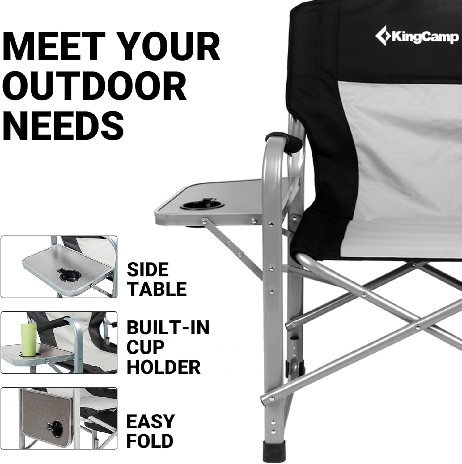 KingCamp XXL Oversized Directors Chair with Side Table, Heavy Duty Camping Chairs 600lbs with Cooler Bag, Portable Folding Camp Chair with Wide Seat for Camping Hiking Fishing Lawn Outdoor and Sports