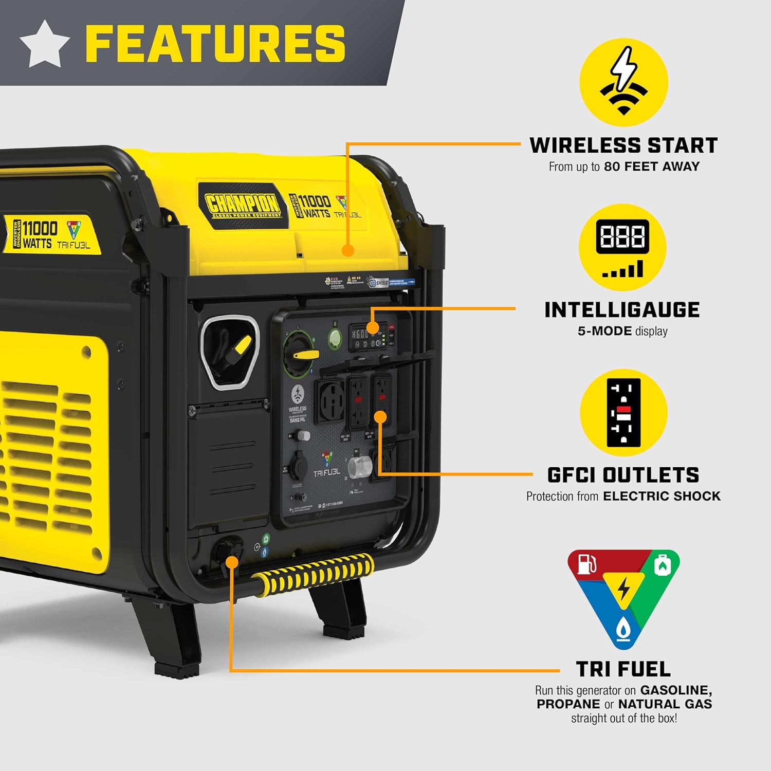 Champion Power Equipment 11,000-Watt Wireless Remote Start Tri Fuel Home Backup Portable Inverter Generator with Quiet Technology and CO Shield®