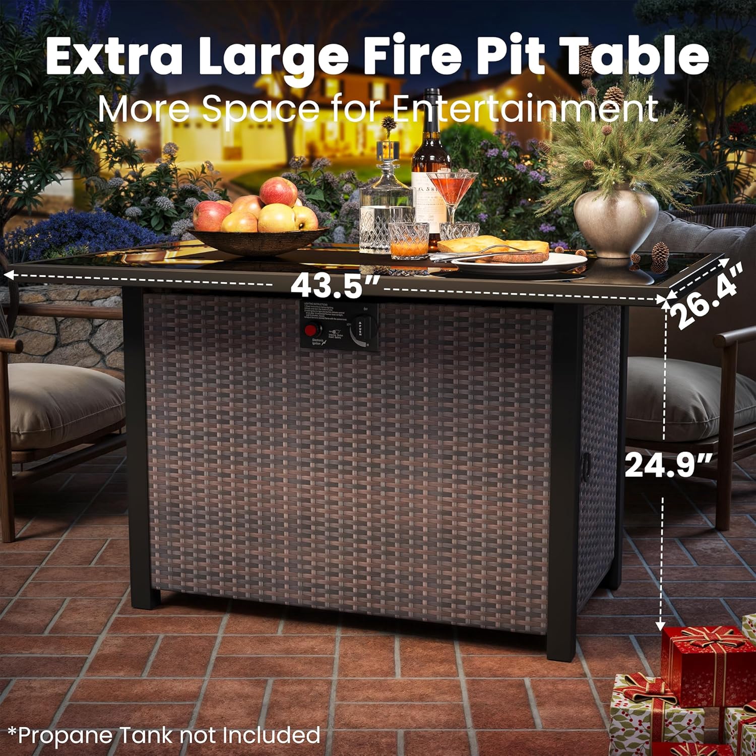 43-Inch Propane Fire Pit Table, Rattan Rectangular Outdoor Gas Fire Pit W/Glass Wind Guard, Tempered Glass Tabletop & Lid, CSA Listed, 60,000 BTU, 304 Stainless Steel H-Burner, for Outside Patio,Brown