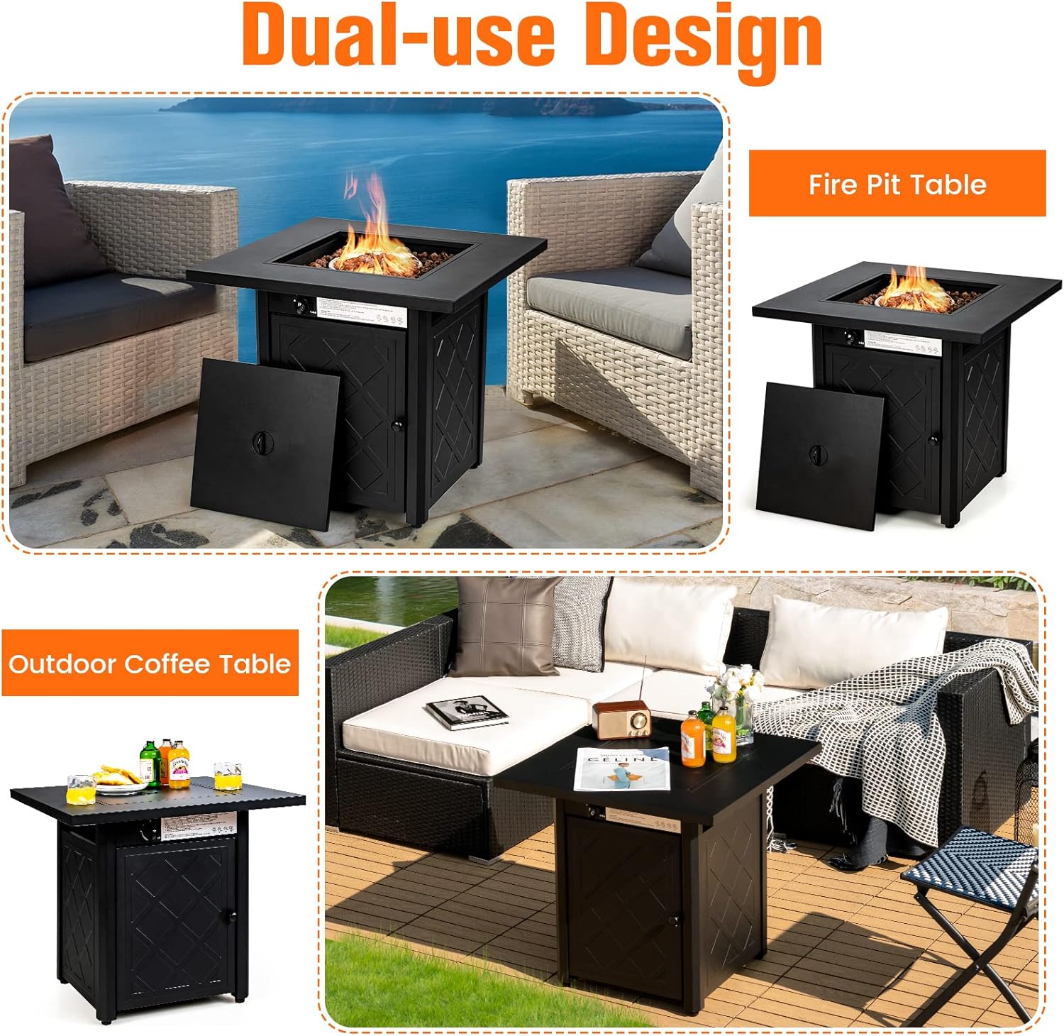 Tangkula 28 Inches Outdoor Propane Fire Pit Table, Patiojoy 50,000 BTU Patio Gas Fire Pit Table, 2-in-1 Square Auto-Ignition Fire Table with Lid and Lava Rocks for Backyard, Party