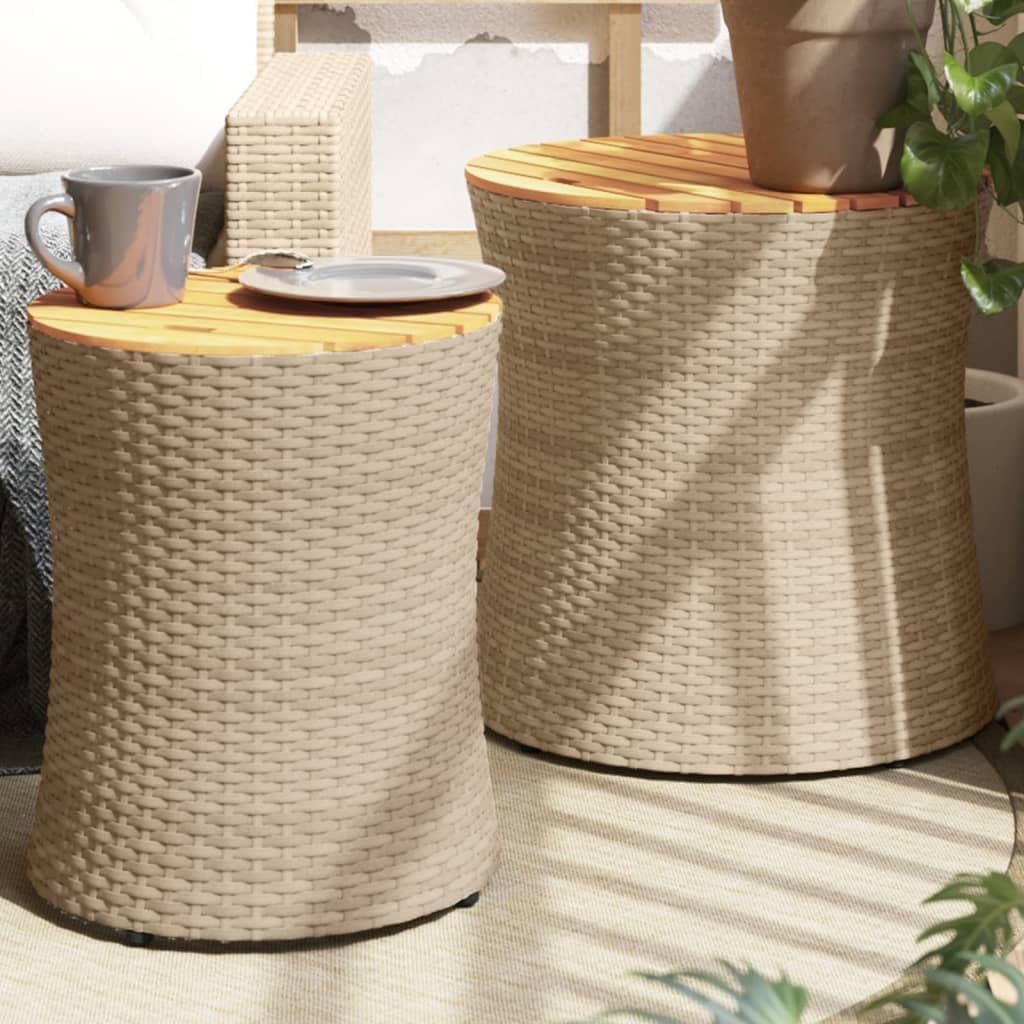 Patio Side Tables 2 pcs with Wooden Top Beige Poly Rattan,Elegant Rattan Patio Side Table Set for Garden, Backyard and Outdoors Garden Tables, Patio Furniture, Outdoor Furniture