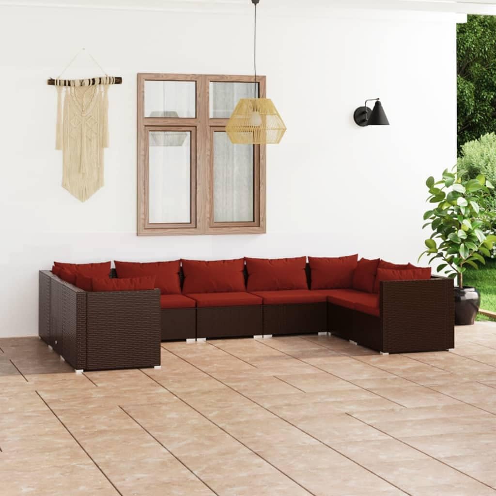 9 Piece Patio Lounge Set with Cushions Poly Rattan Brown,Cozy Outdoor Patio Lounge Set: Modular Sectional Furniture with Comfortable Cushions in Brown and Cinnamon Red Patio Furniture Sets, Outdoor Fu