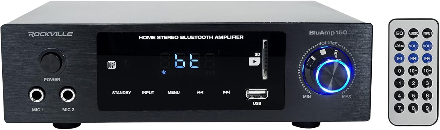 Rockville BLUAMP 150 75W x 2 Home Stereo Bluetooth Amplifier Receiver, 4-8 Ohm, Optical/Phono/RCA, Karaoke Mic Inputs, Bluetooth 5.0, for Home Theater and Vinyl